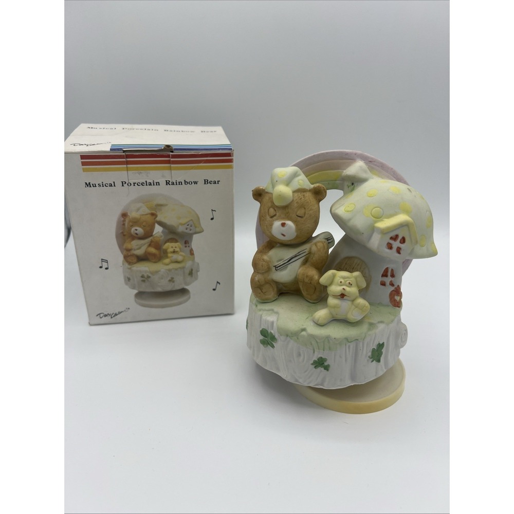 Vintage 1980s Musical Porcelain Rainbow Bear Rotating Music Box w/ Original Box